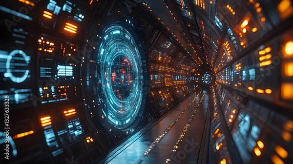 Obraz Futuristic corridor with glowing panels and a circular interface, showcasing advanced technology