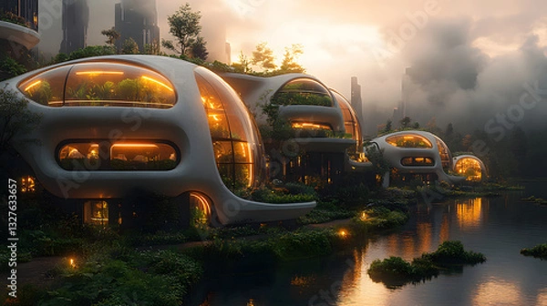 Obraz Futuristic eco-friendly homes by a serene river at sunset, surrounded by lush greenery and misty mountains