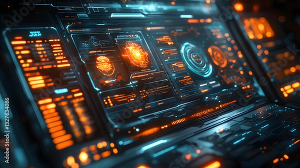 Obraz Futuristic control panel displaying vibrant data visualizations and glowing interfaces in a dark room