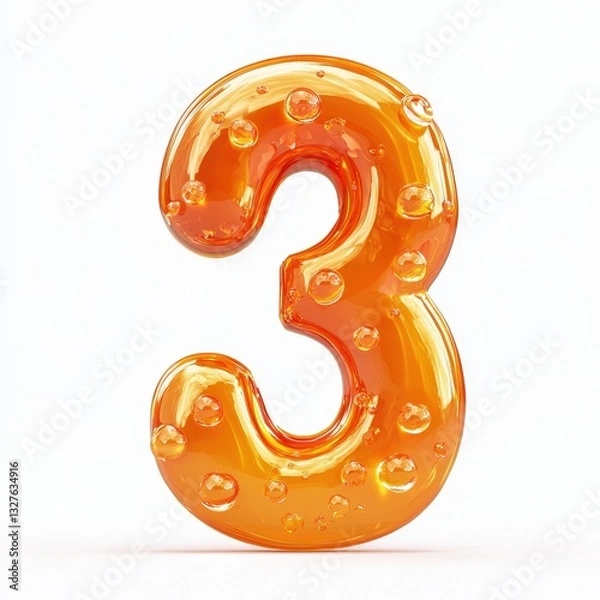 Fototapeta Number 3 with a bright orange glossy texture and vibrant, scattered droplets, isolated on a pure white background