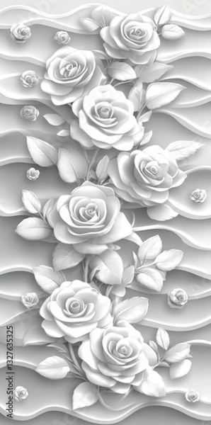 Fototapeta Two stylish white roses with fine petals, intertwined with flowing, wavy textures in a monochromatic pattern, exuding a sense of peace and refinement