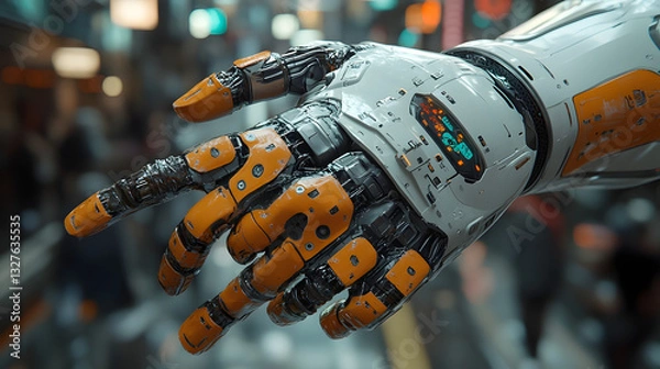 Obraz A futuristic robotic hand reaching out in a bustling urban environment, showcasing advanced technology
