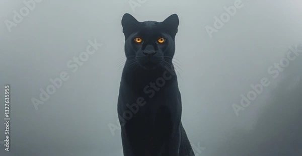 Fototapeta A black panther with yellow eyes stands in the fog, its body fully visible against a gray background. The cat's gaze and silhouette create an atmosphere of mystery and intrigue.