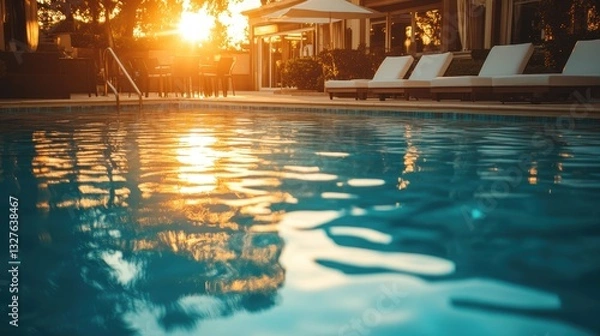 Fototapeta Of a Sunset view of a luxurious hotel pool, with soft golden light reflecting on the water and stylish poolside furniture