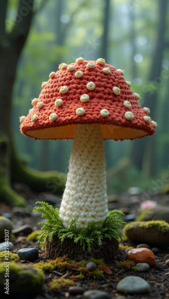 Fototapeta Amigurumi red mushroom figure on a mossy forest floor