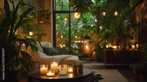 Fototapeta Cozy Living Room with Candles and Lush Greenery