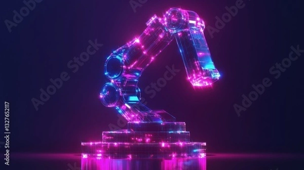 Fototapeta Neon Robotic Arm Digital Wireframe Model Design
