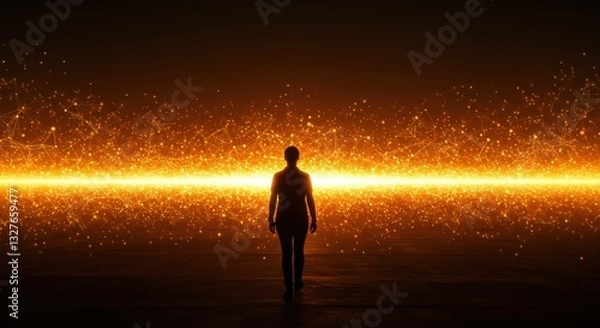 Obraz Silhouette figure walks towards glowing energy field