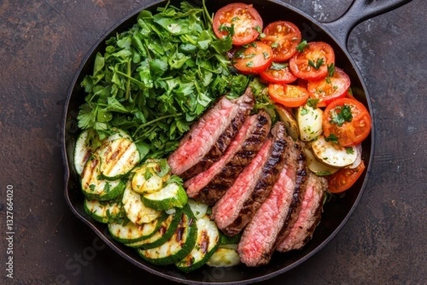 Fototapeta Colorful and Nutritious Grilled Meal with Fresh Vegetables and Tender Steak on Cast Iron Pan