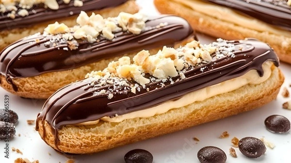 Fototapeta Chocolate Eclairs with Nuts isolated on white background