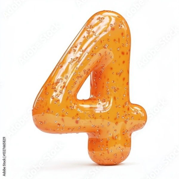 Fototapeta Number 4 with a gooey orange slime texture filled with glitter, isolated on a pure white background