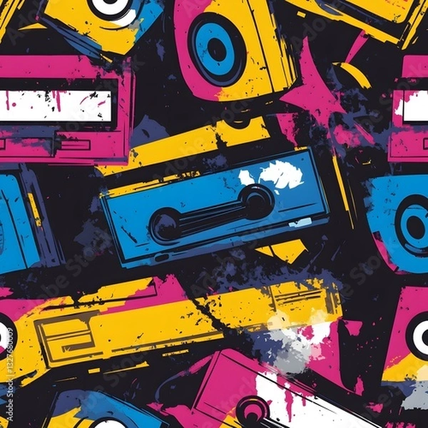 Fototapeta A bold and colorful seamless graffiti pattern featuring classic 80s and 90s elements like cassette tapes, spray paint tags, bubble lettering, and layered street art textures. Neon geometric