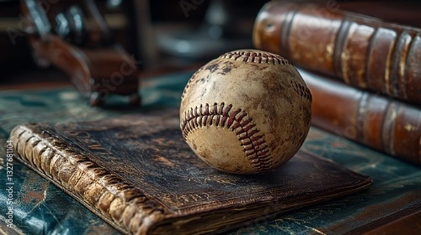 Obraz Vintage Baseball Sits Atop an Aged Leather-Bound Journal Surrounded by Books, Showcasing the Beauty of Sports Memorabilia in a Classic Study