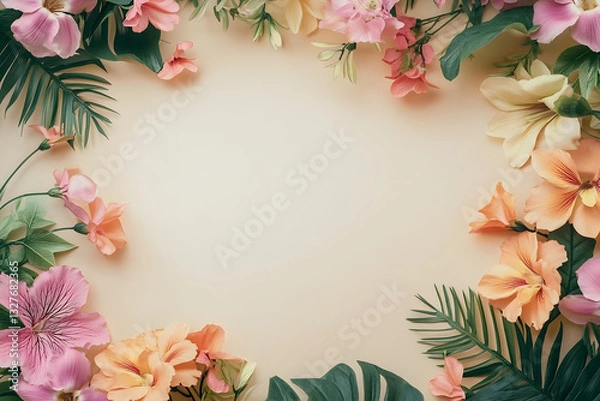 Fototapeta Elegant floral border with vibrant flowers lush greenery on light background. Ideal for decorative designs wedding invitations or romantic designs valentines day, mother's day, women's day