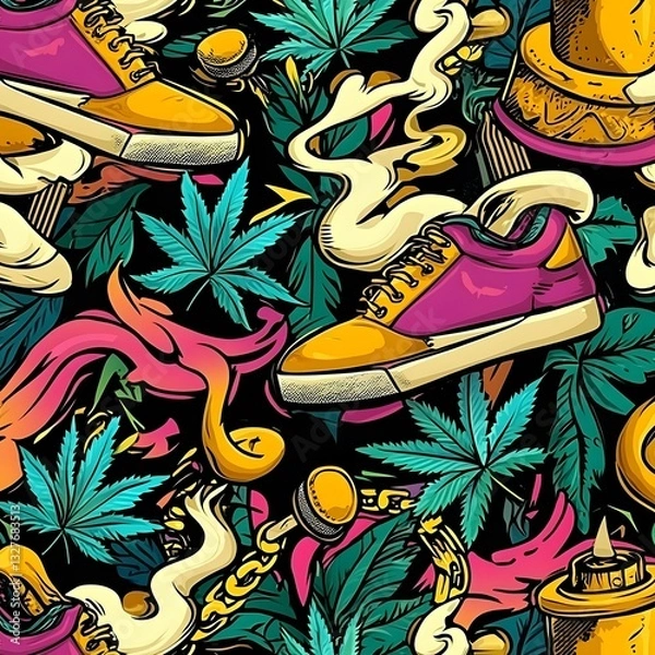 Fototapeta A dynamic seamless graffiti pattern merging hip-hop culture with cannabis themes, showcasing bold spray paint tags, neon-colored accents, and urban textures. Elements like sneakers, gold chains,