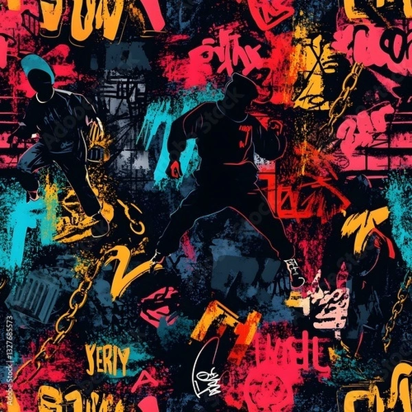Fototapeta A dynamic hip-hop graffiti-inspired seamless pattern featuring breakdance figures, bold lettering, gold chains, and classic hip-hop symbols. The vibrant color palette of neon shades, reds, blues,