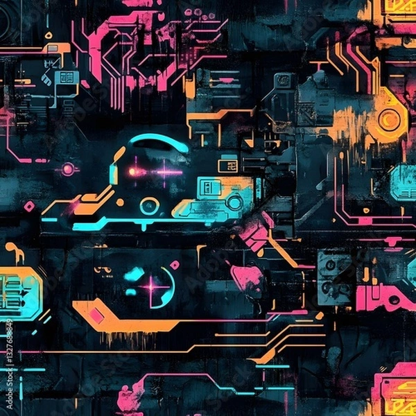 Fototapeta A seamless futuristic graffiti pattern combining urban street art with cyberpunk aesthetics, featuring glowing neon spray paint tags, holographic-style lettering, and sci-fi symbols. Circuit