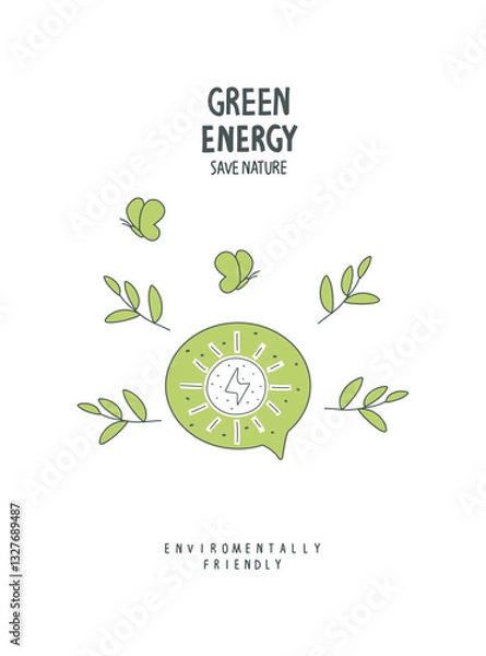 Obraz Vector cartoon sign sketch of green energy with green leaves. Environmentally friendly planet concept. Think Green. Protect the World from pollution concept.
