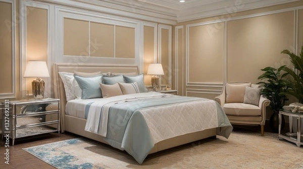 Fototapeta A serene luxury bedroom with beige wall paneling and white ceiling trim, highlighted by a plush bed adorned with ivory and pale blue bedding