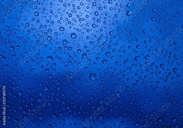 Obraz 青色背景、水滴輝く、美しい水玉模様