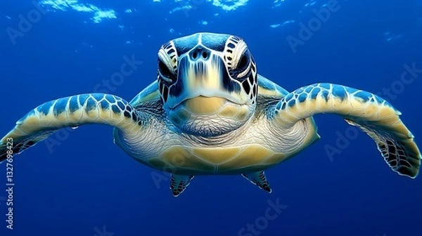 Fototapeta Swimming Green Sea Turtle Close-up in Deep Blue Ocean Water