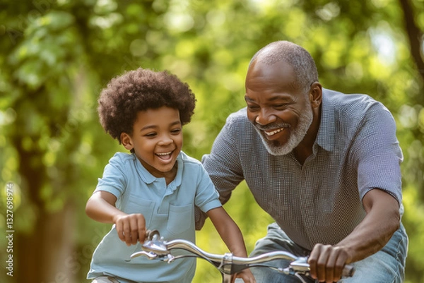 Obraz Happy black grandfather teaching his little grandson to ride a bicycle in spring park
