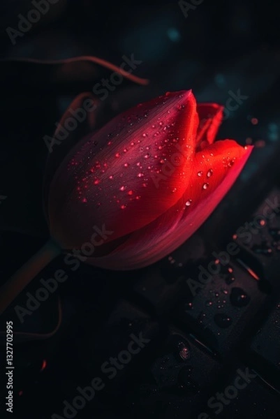 Obraz A deep red tulip covered in dewdrops, resting on a dark, wet surface. Soft lighting highlights the petals, creating a moody and elegant floral composition with a sense of mystery and romance  
