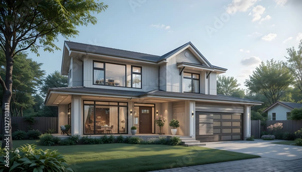 Obraz This image captures a One house built (detached house) using AI to highlight advanced features like energy efficiency and innovative home automation systems.
