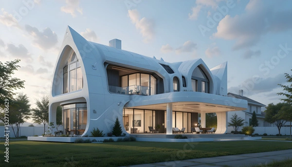 Obraz A futuristic One house built  (detached house) powered by AI to represent the integration of smart technology and eco-friendly design in modern homes.
