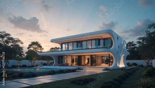 Obraz A futuristic One house built  (detached house) powered by AI to represent the integration of smart technology and eco-friendly design in modern homes.
