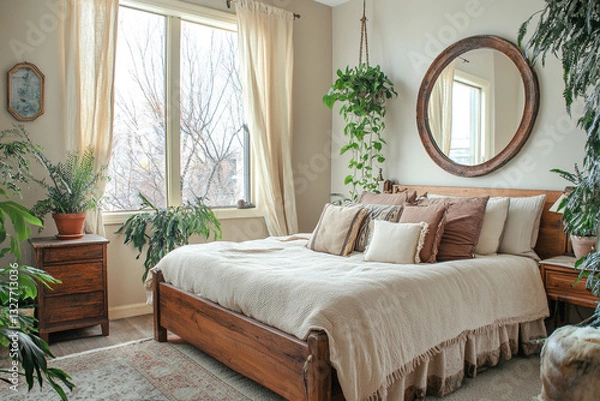 Fototapeta Modern Bedroom Interior Design Featuring Neutral Tones, Cozy Textiles, Natural Light, and Minimalist Wooden Furniture, Creating a Serene and Comfortable Space Perfect for Contemporary Living