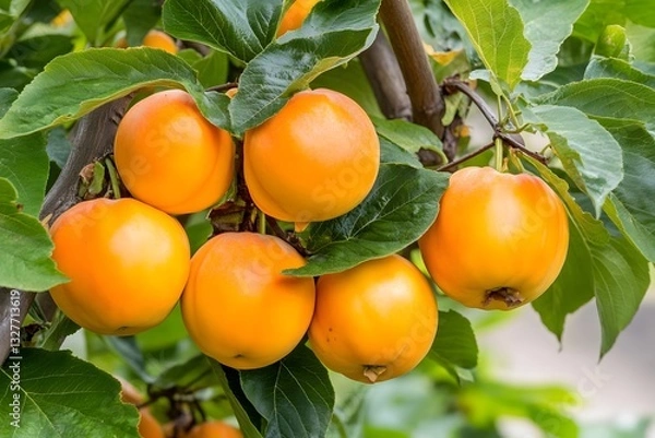 Fototapeta Juicy Golden Apples Hanging on Tree Branch