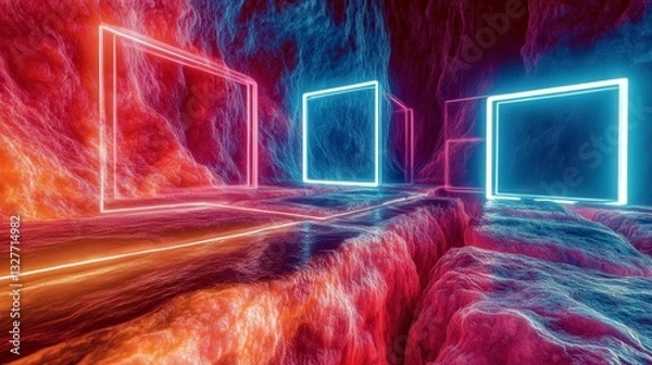 Fototapeta Neon Light Cave - Futuristic 3D Render - Abstract Art Design