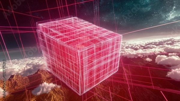 Fototapeta Intricate Digital Cube in a Futuristic Landscape. A mesmerizing wireframe cube in a vibrant digital space.
