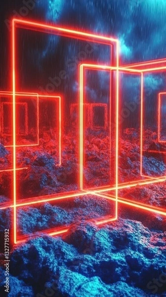 Fototapeta Neon Rain: Abstract Geometric Architecture in a Digital Landscape