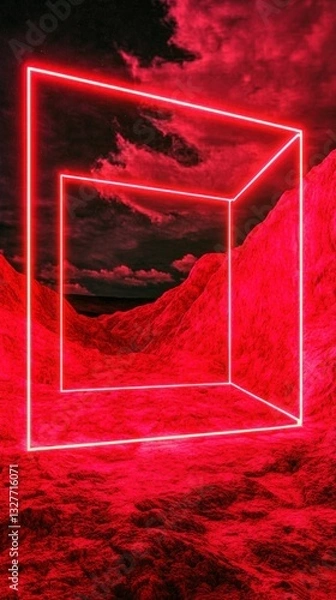 Fototapeta Red Neon Geometric Architecture - Abstract Digital Art