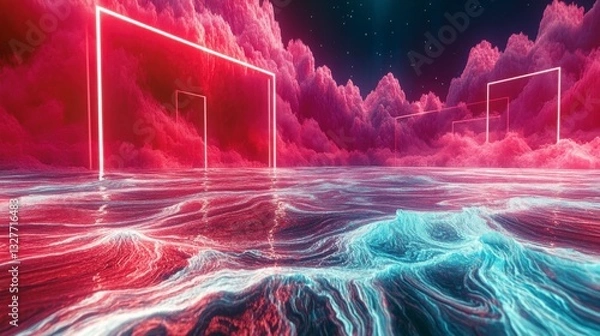 Obraz Neon Pink and Blue Abstract Landscape Art with Water Reflection