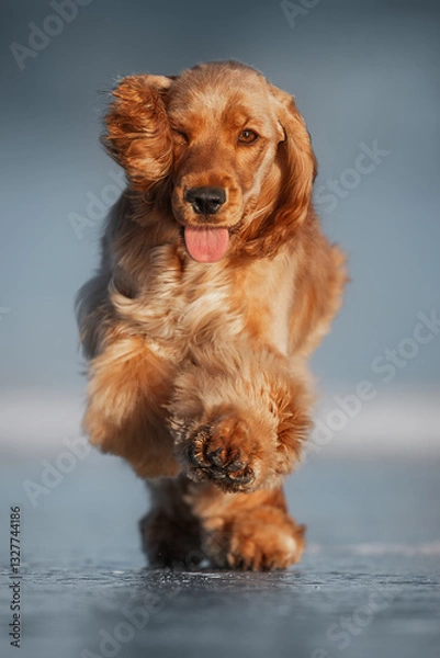 Fototapeta Happy red Cocker Spaniel puppy dashes across icy ground, enjoying a fun winter adventure.
