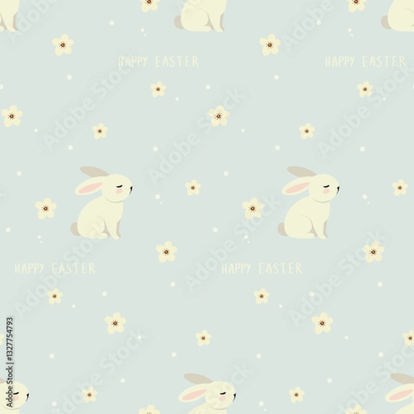 Obraz A simple Easter pattern in a flat style with bunnies and flowers arranged in a repeating design. Background for textiles, fabrics, cotton fabric, covers, wallpaper, print, gift wrapping, cards.
