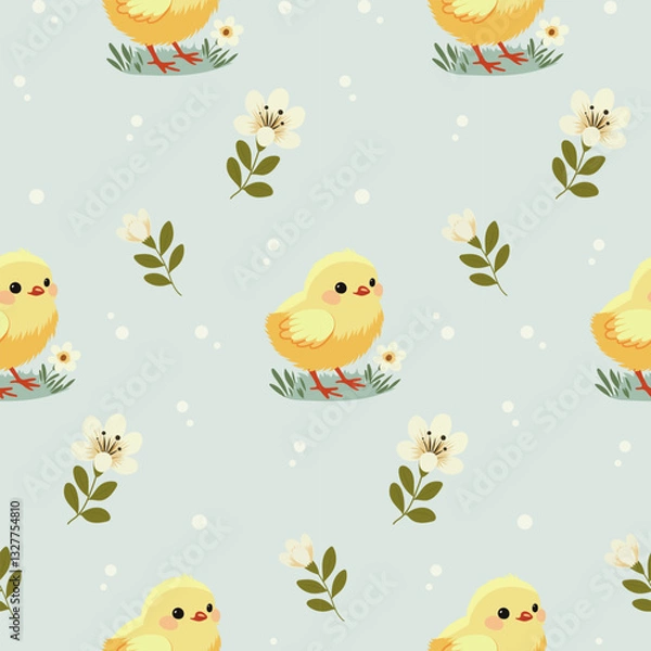 Fototapeta A simple Easter pattern in a flat style with chicken and flowers arranged in a repeating design. Background for textiles, fabrics, cotton fabric, covers, wallpaper, print, gift wrapping, cards.