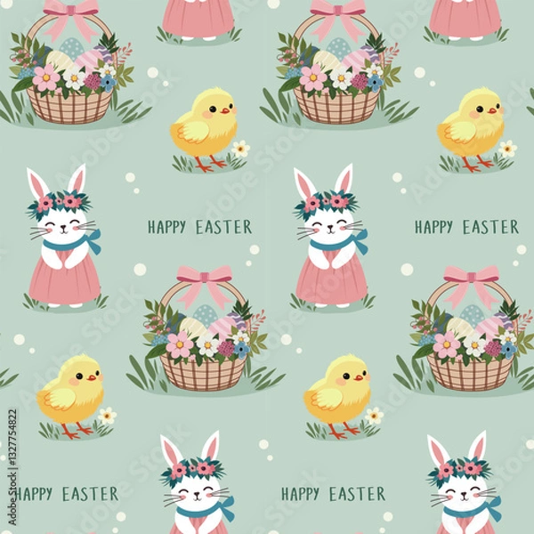 Obraz A simple Easter pattern in a flat style with bunnies, eggs, chickens and flowers in a repeating design. Background for textiles, fabrics, cotton fabric, covers, wallpaper, print, gift wrapping, cards.