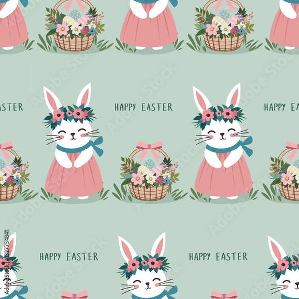 Fototapeta A simple Easter pattern in a flat style with white rabbit with flowers, baskets with flowers and Easter eggs. Background for textiles, cotton fabric, covers, wallpaper, print, gift wrapping, cards. 
