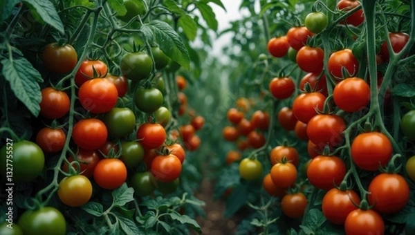 Obraz Abundant plum tomatoes in a summer garden. Top Heirloom Tomato Varieties.