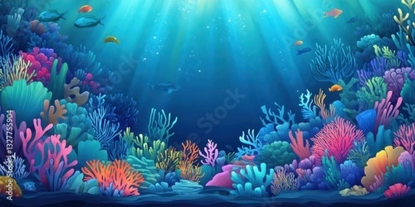 Fototapeta Colorful coral reef environment with swimming fish and sun rays