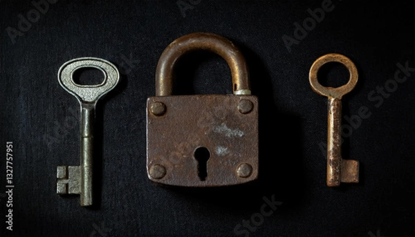 Fototapeta 古い錆びた一つの南京錠と二つの鍵、パドロック、鉄、ぼろぼろ、黒い背景