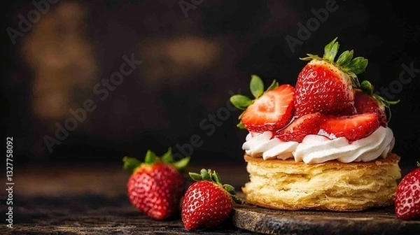 Obraz   Strawberry shortcakes on wooden board with whipped cream and fresh strawberries on dark wood table