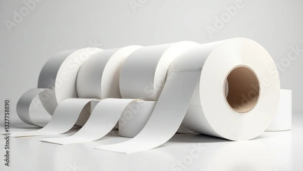 Obraz Rolls of white labels separated. Labels intended for direct thermal or thermal transfer printing. Blank adhesive label roll for thermal transfer printing.