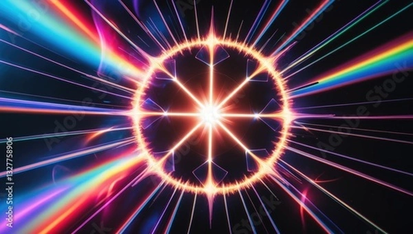 Fototapeta Light against a black background. Simple to apply an overlay or screen filter to images. Abstract sunburst featuring a digital lens flare backdrop. Gleams of rounded and hexagonal shapes, rainbow h...