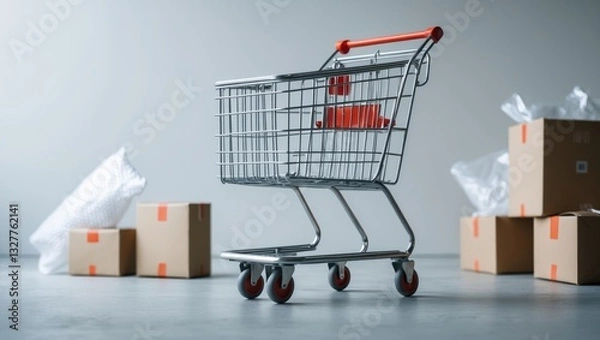 Obraz Shopping cart in side view, Delivery service concept, this image suggests online shopping where customers order items from retailer websites through the internet.
