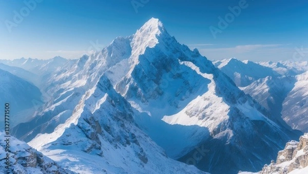 Fototapeta The panoramic mountain view of alpine snow-capped peaks in a winter mountain backdrop.
